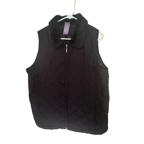 Laura Scott black zip quilted vest with faux fur collar size XL - Picture 1 of 6